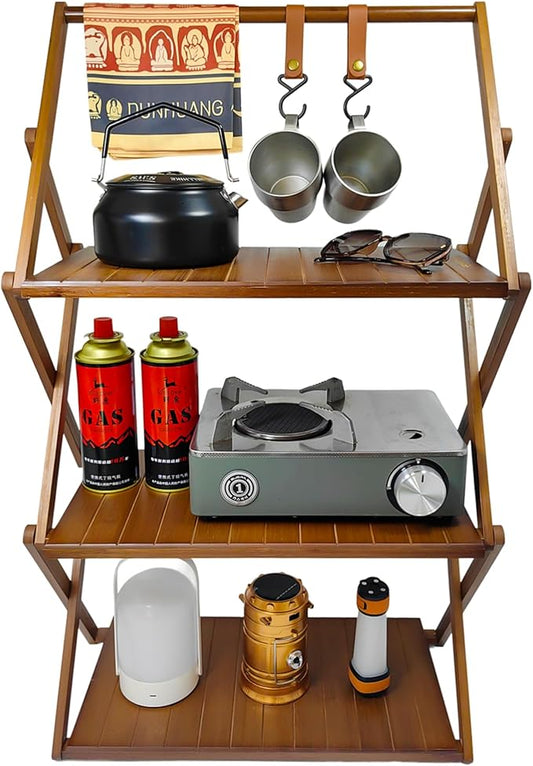 Foldable Bamboo Shelf, Folding Shoe Rack, Flower Rack, Camping Rack, No Installation Required, Portable, Space Saving, Multi-Purpose Storage Rack (Walnut, 3 Tiers with Boom)