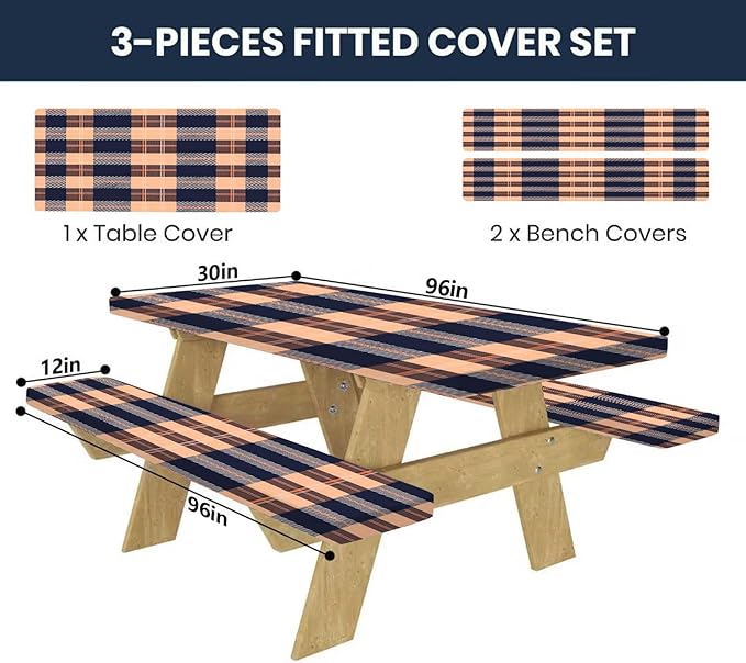 CAPSCEOLL Fitted Picnic Table Cover with Bench Covers with Elastic 8Ft Waterproof Picnic Table Cloths Windproof Outdoor Camping Tablecloth with Drawstring Bag, 96X30in, Autumn Plaid