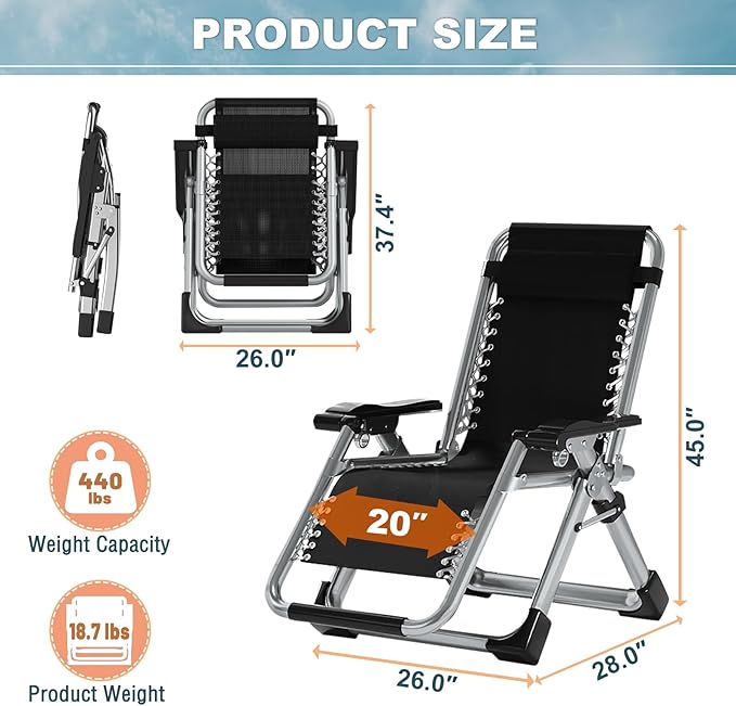 ABORON Zero Gravity Chair,Premium Outdoor Lawn Folding Lounge Chairs,Sturdy Adjustable Reclining Patio Chairs with Removable Cushion,Headrest & Tray