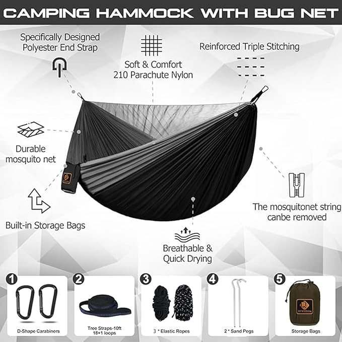 Camping Hammock, Portable Hammocks with Mosquito Net,Lightweight Nylon Parachute Hammock with 10ft Tree Straps,Camping Gear Must Haves for Travel Hiking Backpacking Beach Patio-Black&Grey