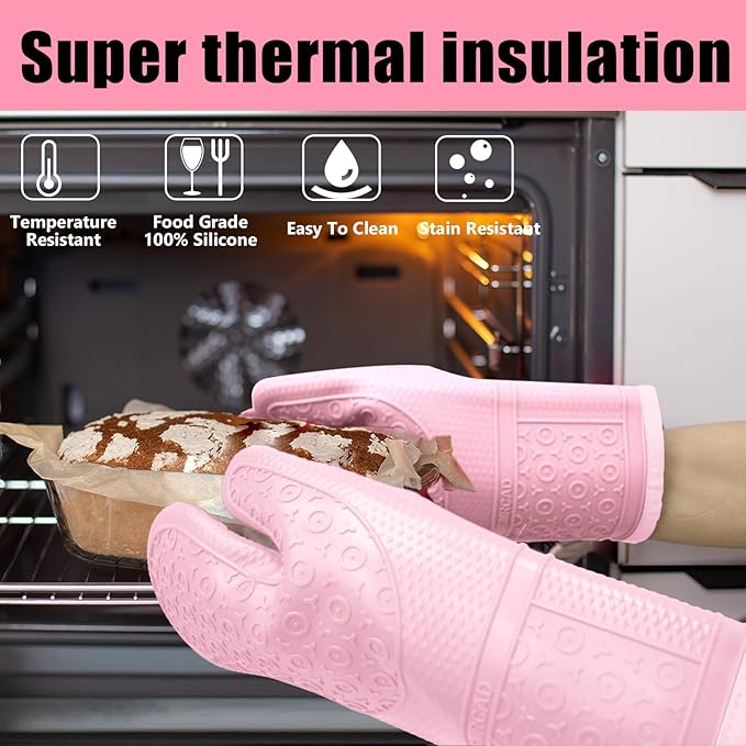 Oven Mitts with Heat-Resistant Hot Pads and Five Silicone Spatulas Designed for Kitchen Baking Cooking, Oven Glove Soft Cotton Lining, Waterproof, BPA-Free (Pink, 12.6)