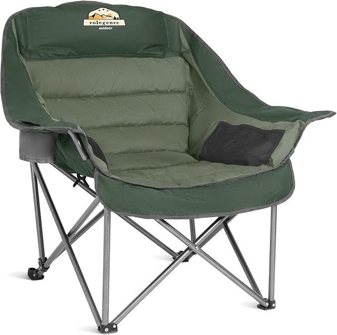 Oversized XL Padded Camping Chair Wide Heavy Duty Lawn Chairs Support 450 LBS Portable Folding Gaint Plus Camp Chair with Side Pocket Cup Holder for Outdoor Outside Sports Baseball-Green
