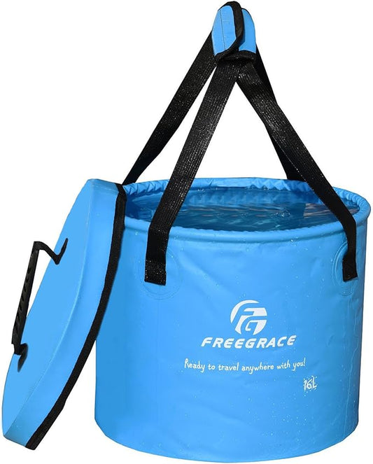 Premium Collapsible Bucket by Freegrace - Compact Portable Folding Water Container - Lightweight & Durable - Includes Handy Tool Mesh Pocket