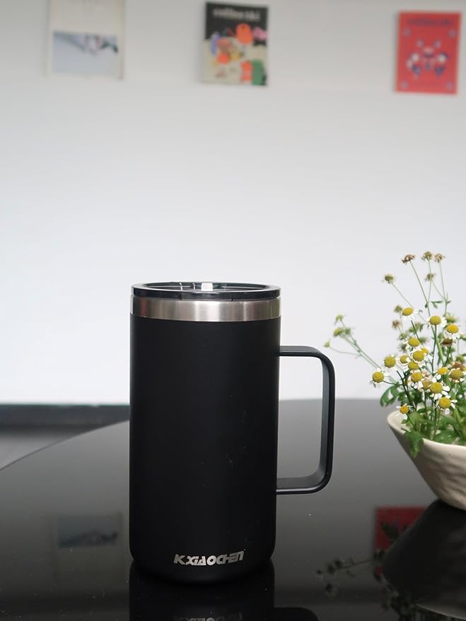 KXIAOCHEN 20oz Insulated Coffee Mug with Lid, Stainless Steel Coffee Cup, Double Wall Vacuum Coffee Tumbler with Handle, Premium Thermal Travel Coffee Mug (Navy Blue Black 2Pack)