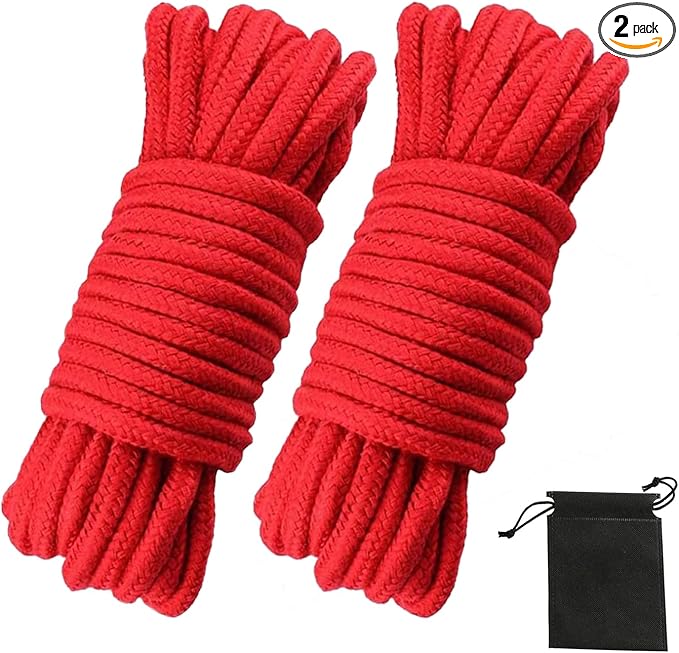 Soft Cotton Rope, 32 feet / 10m Rope, 8mm Thick, Soft Rope, Long Rope, Soft Tying Rope (Red+Red)