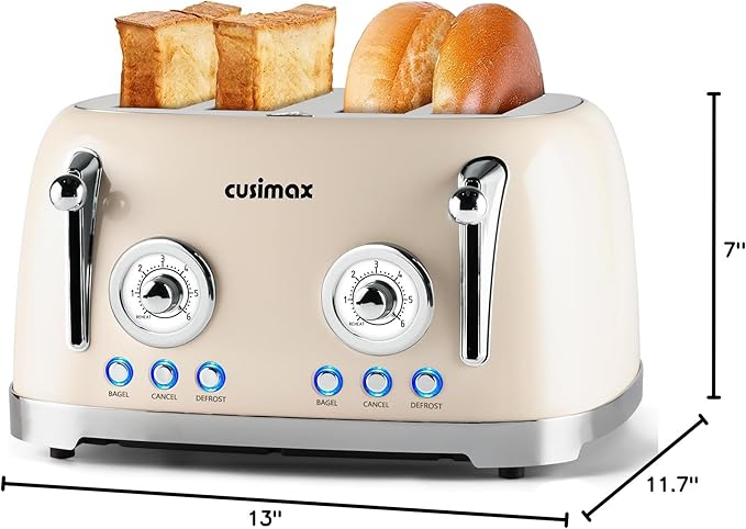 CUSIMAX Retro 4 Slice Toaster With Wide Slots for Bagels, Stainless Steel, 6 Toast Settings, Bagel, Cancel, Defrost & Reheat Functions, Dual Independent Control Panels, Cream