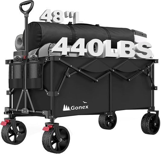 Gonex 48''L Collapsible Foldable Heavy Duty Oversized Wagon with 440lbs Weight Capacity, 300L Folding Large Utility Garden Grocery Shopping Cart with 8" H All-Terrain Wheels & 2 Drink Holders - Black