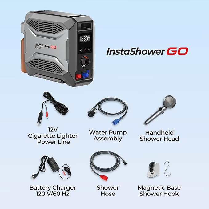 FOGATTI InstaShower GO, Portable Propane Water Heater 19,000 BTU, with 5000mAh Rechargeable Built-in Battery, DC 12V, Outdoor Camping Shower