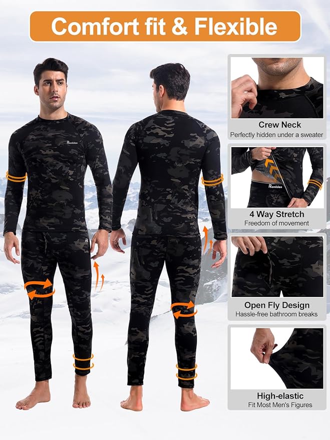 romision Thermal Underwear for Men Long Johns Fleece Lined Hunting Gear Bottom Top Set Base Layer for Cold Weather Gift