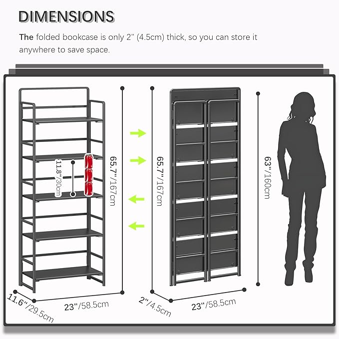 4NM No-Assembly 5 Tiers Folding Bookshelf Storage Shelves Vintage Bookcase Standing Racks Study Organizer Home Office (All Black)