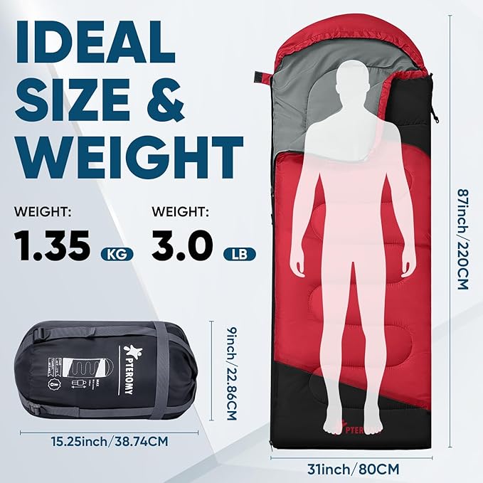 PTEROMY Sleeping Bags for Adults, Lightweight Water Resistant Backpacking Camping Sleeping Bag for Warm Cold Weather, Camping Essentials for Hiking Outdoor Travel