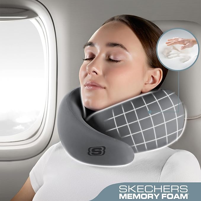 Skechers Memory Foam Travel Pillow,Comfortable & Breathable Airplane Travel Essential, Neck Pillow for Travel, Car Rides, Home, and Office Use, Ergonomic Design for Men and Women,Gray