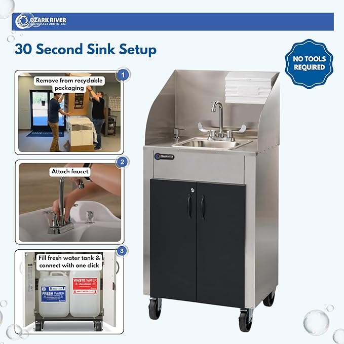 Ozark River Portable Sinks Elite PRO1, Free Standing Portable Concession Sink, Commercial Restaurant Portable Sink with Hot Water, Stainless Food Service Sink, Black Doors-Black Edges-Splashguard