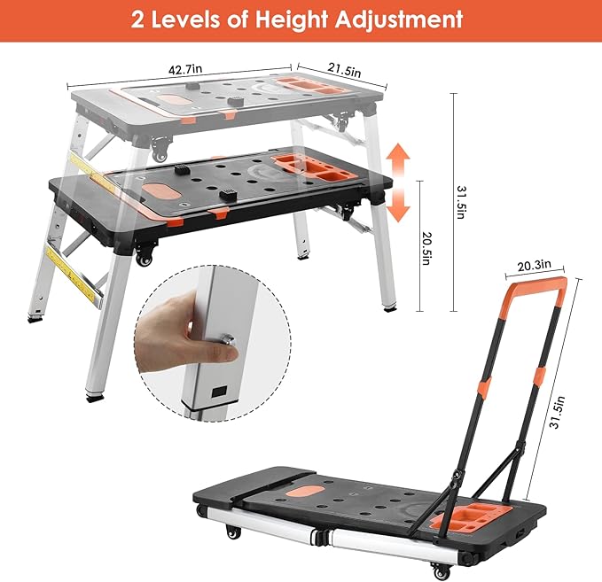 TLGREEN Multifunctional Folding Work Table, 7 in 1 Work Benches for Garage, as Portable Workbench, Sawhorse, Scaffold, Platform, Car Creeper, Dolly and Hand Truck, with 4 Wheels