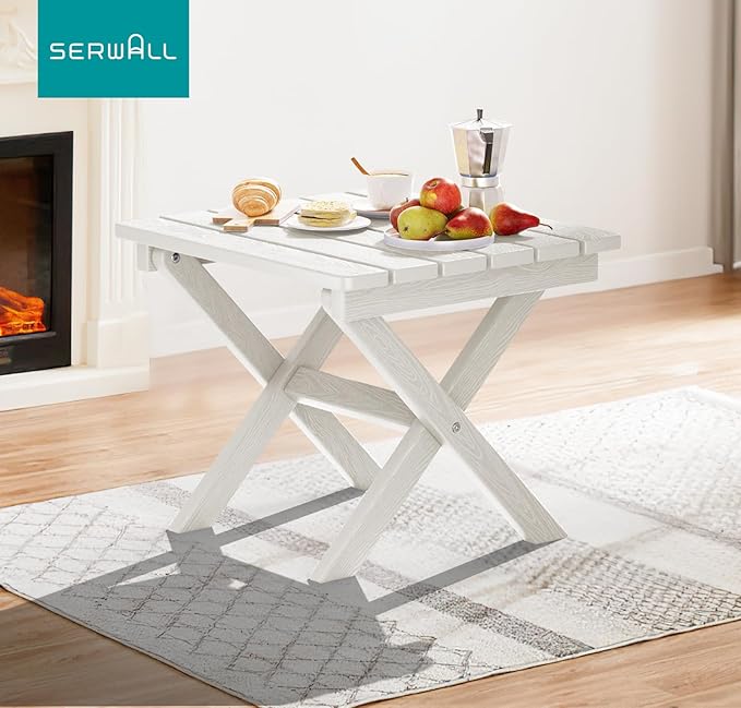SERWALL Portable Folding Adirondack Side Table, HDPE Small Outdoor End Table, No Assembly Required, Weather-Resistant, 110 lbs Capacity, White
