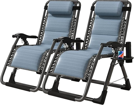 NAIZEA Padded Zero Gravity Chair, Cooling Fabric Folding Outdoor Lounge Chairs, Adjustable Reclining Camping Chairs with Cup Holder, Ergonomic Patio Lawn Chair for Balcony Beach Deck Yard