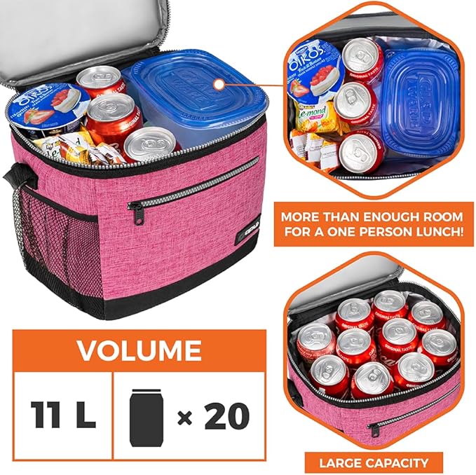 opux Extra Large Insulated Lunch Box Men Women, Lunch Bag for Work, Leakproof Soft Cooler Tote Adult, Lunch Pail, Picnic Beach Collapsible Food Bag with Shoulder Strap, Pink