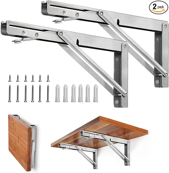Storystore Folding Shelf Brackets - 8 Inch Heavy Duty Stainless Steel Collapsible Shelf Bracket for Bench Table, Space Saving DIY Bracket, Max Load: 550lb