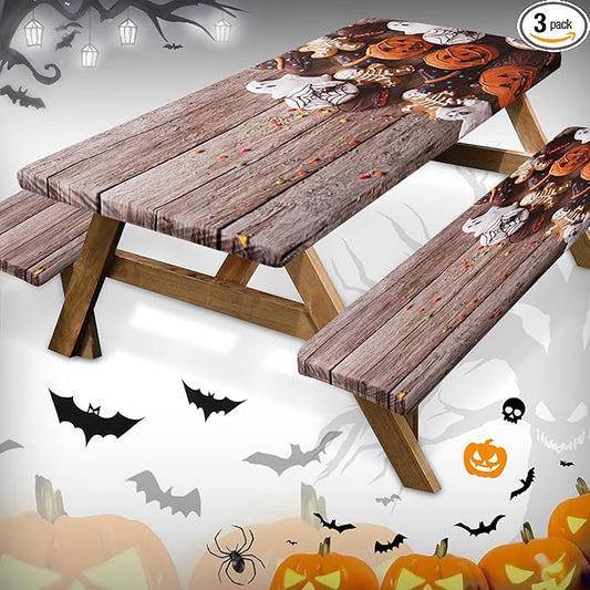 Picnic Table Cover with Bench Covers Elastic Edges, Halloween Skeleton Fitted Table Cover, Outdoor Camping Essentials 72 Inch 3PCS, Waterproof Camping Fitted Tablecloth with Drawstring Bag
