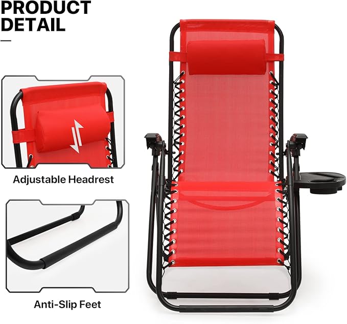 MoNiBloom Recliner Patio Lounge Chairs Set of 3, Adjustable Outdoor Beach Chairs w/Folding Table, Pillow and Cup Holder Tray, 330lbs Capacity, Red