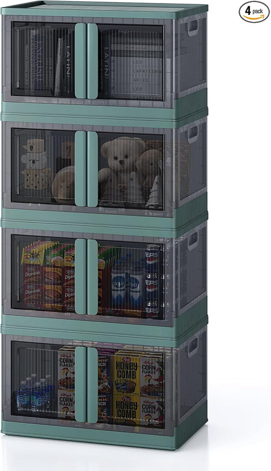 19Gal Collapsible Storage Bins with Lids & Wheels - 4 Pack Stackable with Doors, Heavy-Duty Plastic Containers for Home/Office, Green