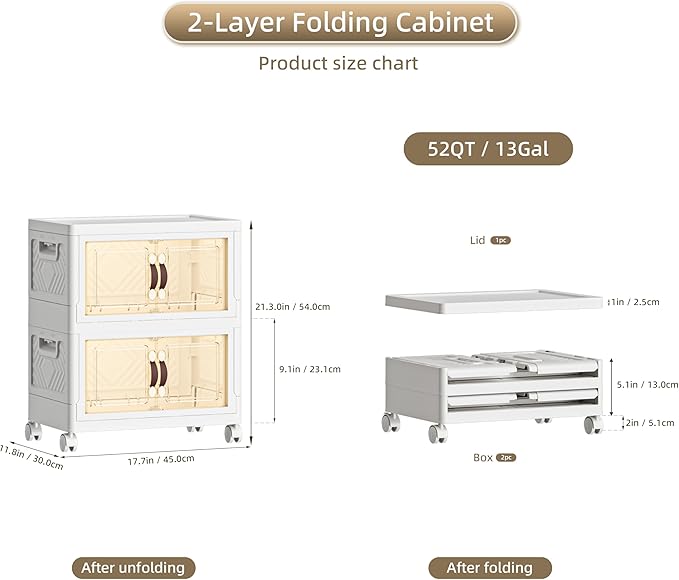 52 QT / 13 Gal Stackable Storage Bins with 1 Lid, Collapsible Plastic Organizer Cabinet with Wheels & Magnetic Doors for Closet, Home, Office – White Containers