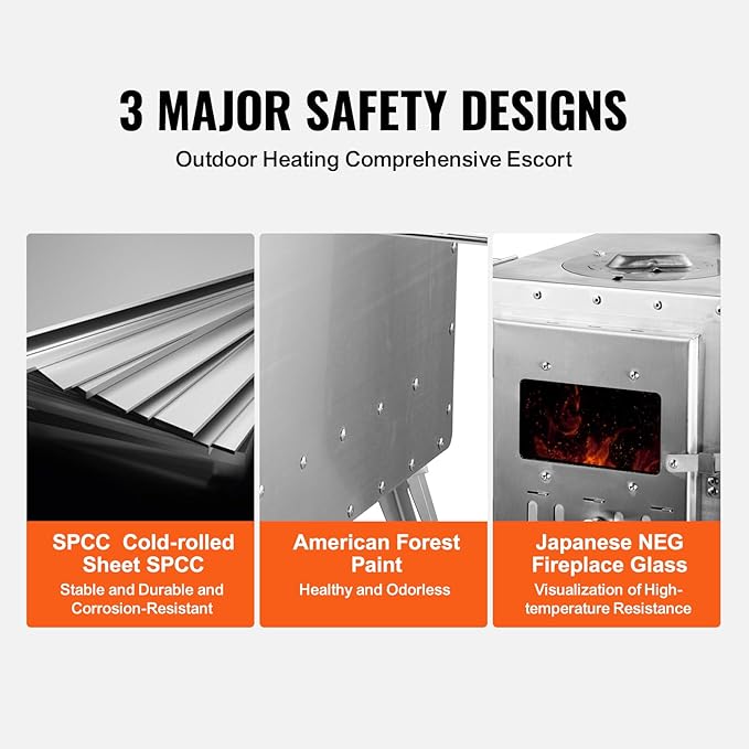 VEVOR Camping Wood Stove Stainless Steel Camping Tent Stove, Portable Wood Burning Stove with Chimney Pipes & Gloves, 1646in³Firebox Hot Tent Stove for Outdoor Cooking and Heating with 8 Pipes
