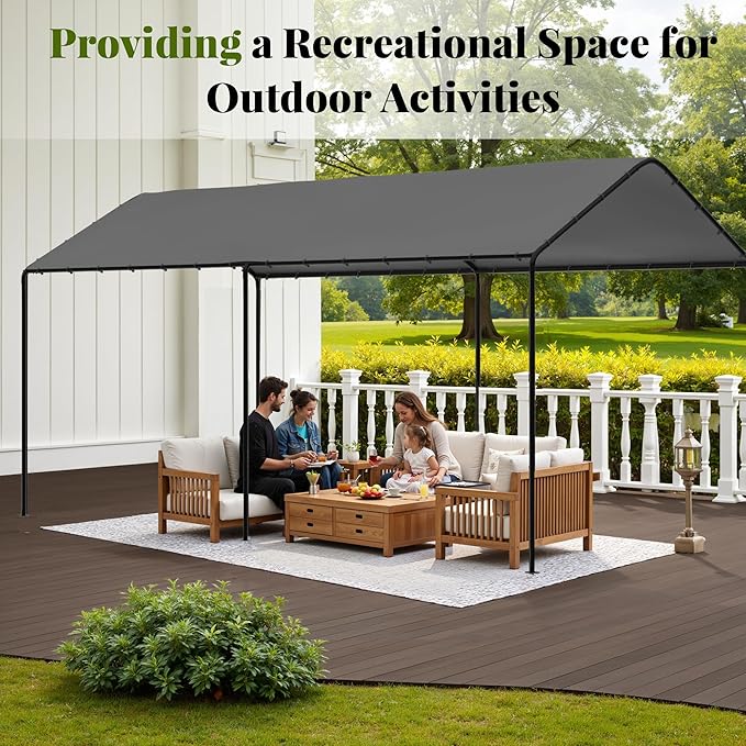 Carport, 10‘ x 20’ Heavy Duty Portable Garage All-Season Car Canopy w/Removable Sidewall & Doors, Carport Canopy Party Tent w/Water-Resistant Tarp for Backyard (Grey, 10' x 20' /no Side)