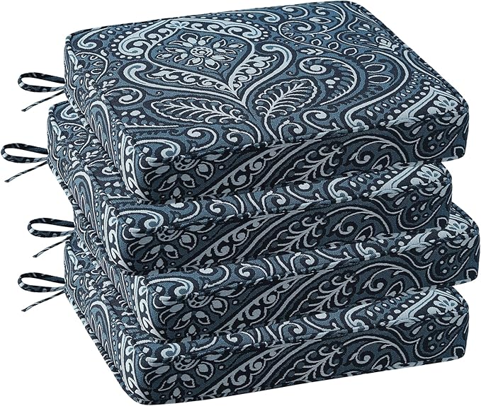Outdoor Square Corner Seat Cushion, 18.5"x16"x3", Set of 4, Non Slip Seat Cushion Pads with Removable Cover for Patio Furniture, Garden Yard Lawn, Damask Vine