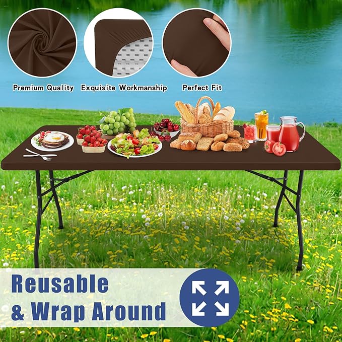 Spandex 8 Foot Rectangle Table Cloth 2 Pack, Elastic Fitted Tablecloths for Picnic, Stretch Washable Patio Table Cover for Outdoor, Camping, Banquet and Parties (Coffee, 30"x96")