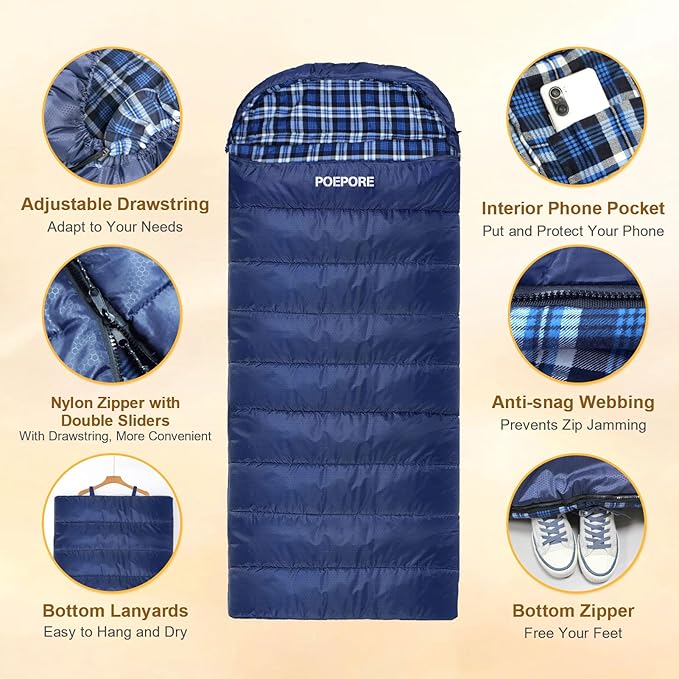 Flannel Sleeping Bag Cotton 0 Degree Cold Weather for Adults XXL Sleeping Bag 4 Season Big and Tall with Compression Sack