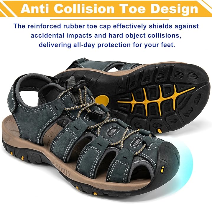 Men's Sport Sandals Closed Toe Leather Hiking Athletic Walking Outdoor Beach Trail River Fishing Water Shoes Lightweight Comfortable Waterproof