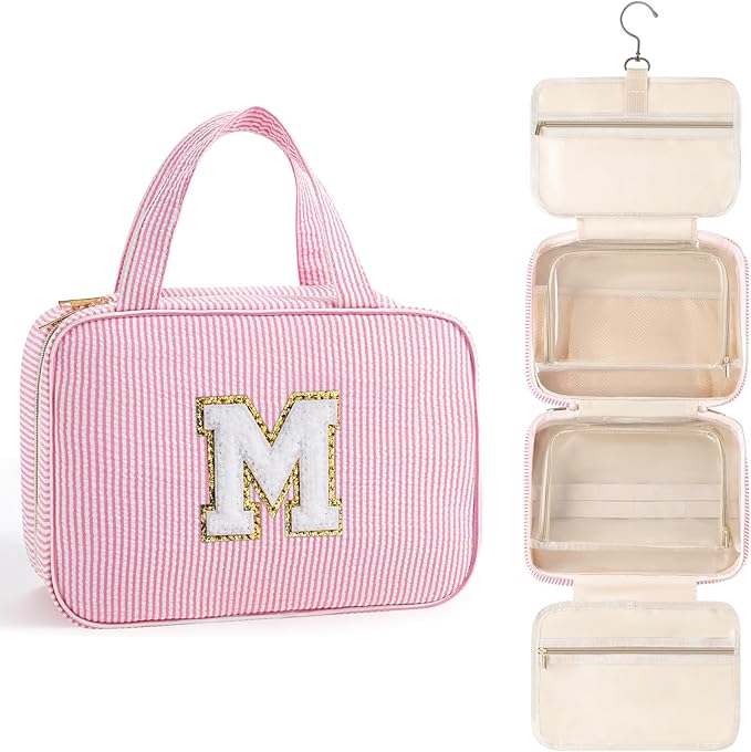 TOPEAST Birthday Gifts for Women Teen Girls - Hanging Toiletry Bag Initial Makeup Bag, Personalized Initial Cosmetic Bag Toiletry Bag, Gifts for Women Teen Girls Daughter Sister - Letter M, Pink