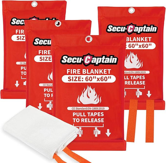 SecuCaptain Emergency Fire Blanket for Home - 60"x60" X-Large 4 Pack Flame Retardant Blankets with Fireproof Tabs for House Camping Kitchen Fire Protection Survival Safety
