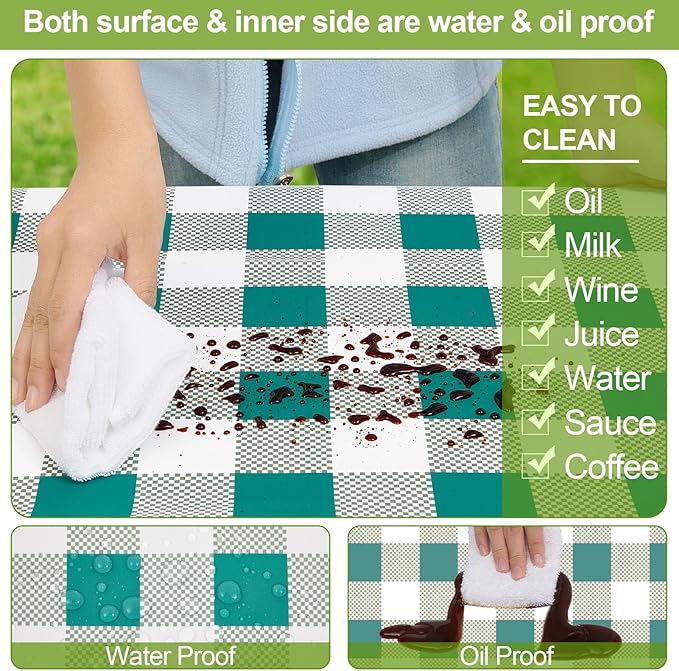 Picnic Table Cover with Bench Covers Camping Essentials Waterproof Windproof Camping Tablecloth with Drawstring Bag, Fitted Rectangle Tables and Seats, 96in, White Green Checkered