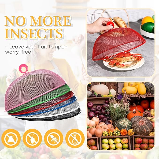 Gerrii 6 Pcs Metal Mesh Food Cover Outdoor Mesh Food Tents Dome Screen Plate Covers for Dinner Plates Reusable Fruit Fly Nets Picnic Food Umbrella for Table, BBQ, Camping, Party (Multicolor,11 Inch)