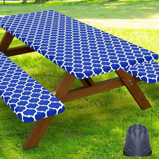 Smiry Picnic Table Cover with Bench Covers, Waterproof Elastic Fitted Tablecloth for 8 Foot Tables, Washable Polyester Tablecloths for Camping, Indoor & Outdoor (Blue Morocco, 30x96 Inch 3-pc Set)