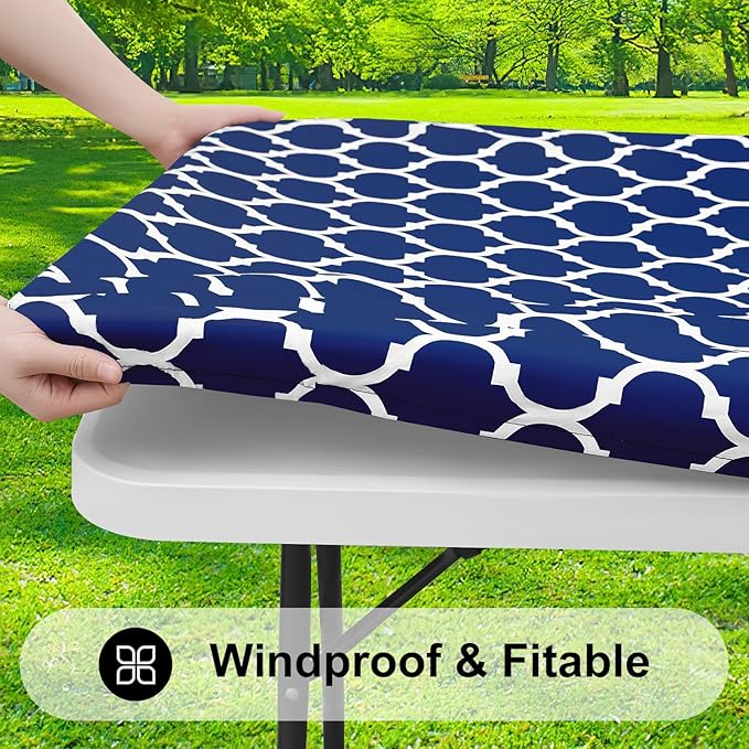 Smiry Rectangle Picnic Table Cover, Waterproof Elastic Fitted Camping Tablecloths for 6 Foot Tables, Wipeable Flannel Backed Vinyl Tablecloth Protector for Indoor, Outdoor (Navy, 30x72 Inches)