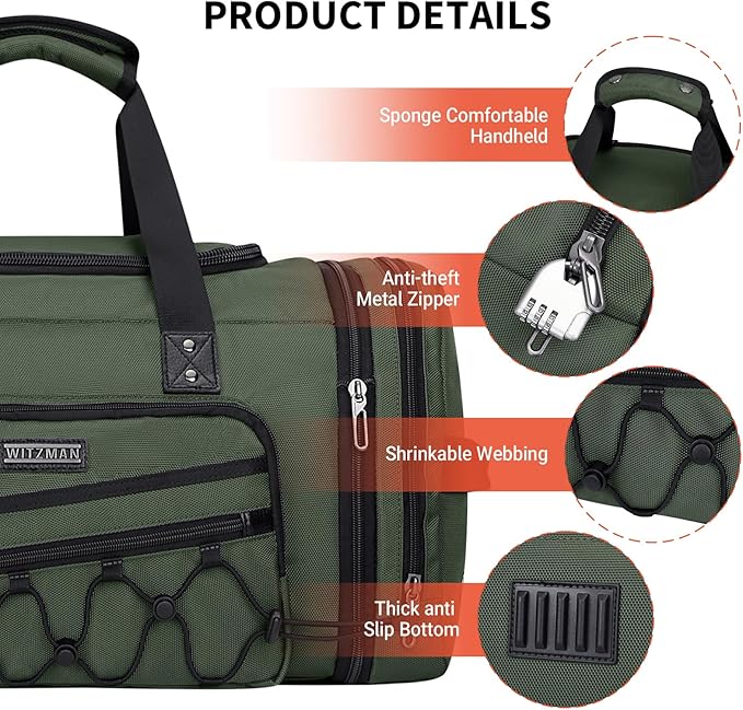 WITZMAN Duffle Bag for Men Nylon Large Gym Weekender Bag with Shoe Compartment Expandable Carry on Overnight Bag(B695 Army Green)