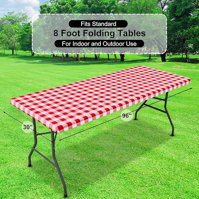 misaya Buffalo Rectangle Picnic Tablecloth, 8 Foot Elastic Fitted Vinyl Table Cloth with Flannel Backing, Waterproof Plaid Table Covers for Dining, Camping, Outdoor (Red and White, 30" x 96")