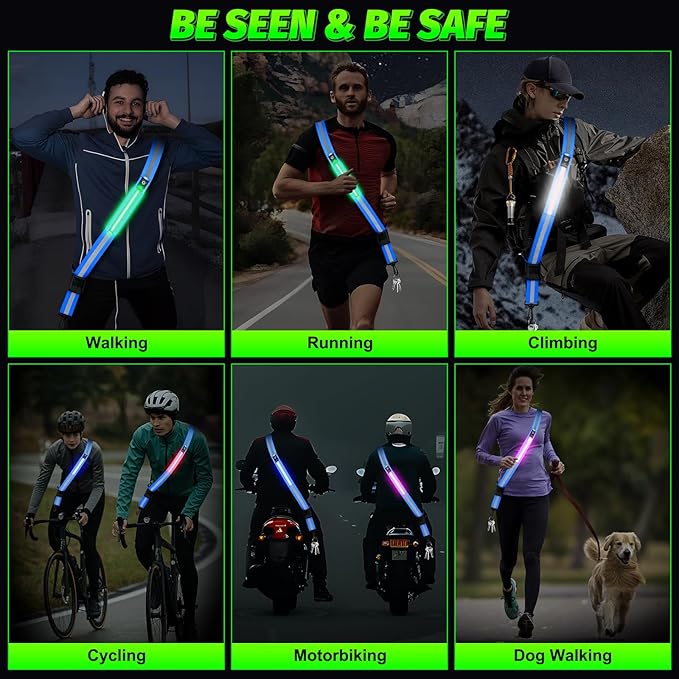 LED Running Gear High Visibility Reflective Belt Sash, Adjustable Night Walking Safety Gear, Rechargeable Light Up Running Reflective Belt for Runners Walkers Men Women