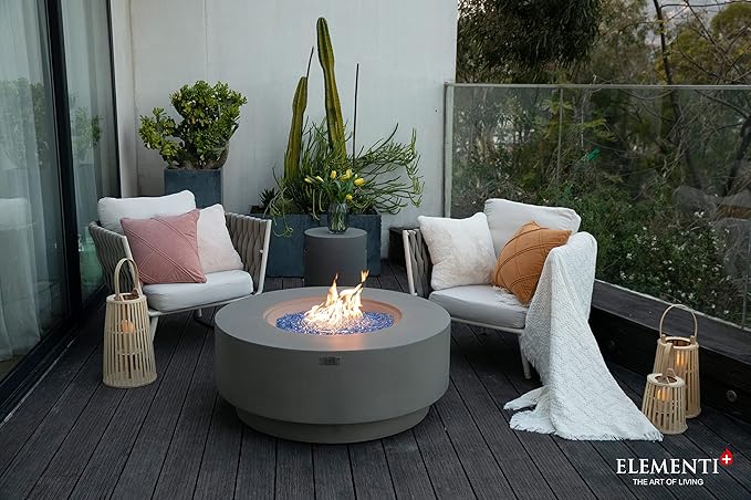 Elementi+ | Colosseo Gas Fire Pit Cast Concrete 40" Dia. Round Fire Table, Outdoor Fire Pit Electronic Ignition | Canvas Cover, Fire Glass and Burner Lid Included | Light Gray | Propane Gas