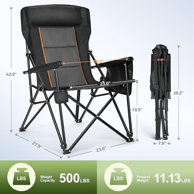 LET'S CAMP Oversized Camping Chairs 29.52" High Back Heavy Duty Lawn Chair Support 500LBS, Portable Collapsible Chair with Cup Holder, Side Pocket,2 Pack(Black)