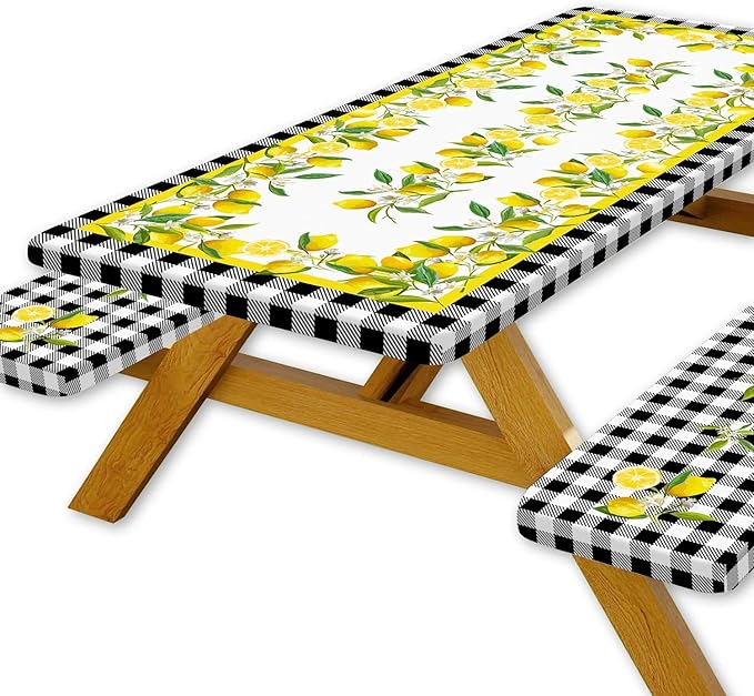 Picnic Table Cover with Bench Covers, Lemon & Black-White Gingham , Elastic Edges, Waterproof Windproof Fitted, for Outdoor Camping Patio Garden, with Drawstring Bag, 60 in