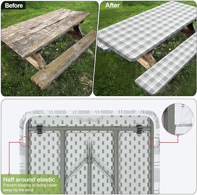 Picnic Table Cover with Bench Covers Camping Essentials Waterproof Windproof Camping Tablecloth with Drawstring Bag, Fitted Rectangle Tables and Seats, 72in, Grey Checkered