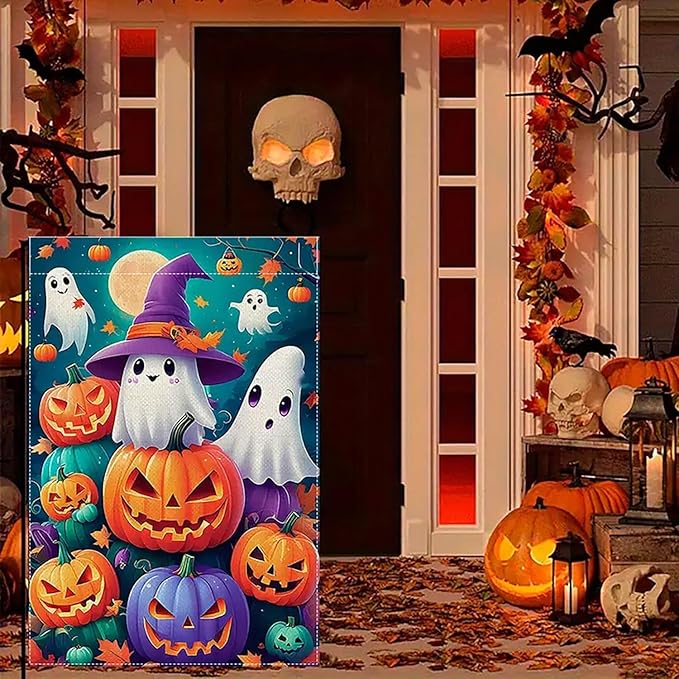 Halloween Garden Flag for Outside 12x18 Inch Double Sided, Pumpkin Ghost Small Yard Flags for Outside, Halloween Outdoor Flag Front Porch Decorations for Home