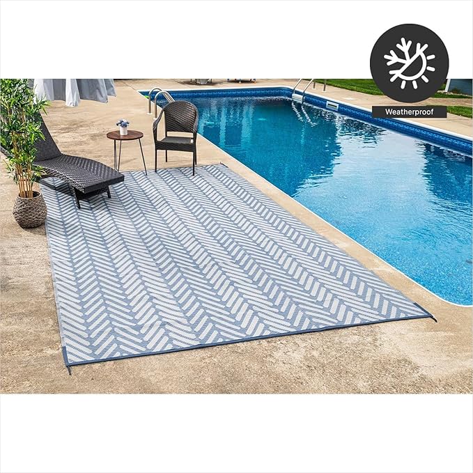 FH Home Outdoor Camping Rug - Waterproof, Fade Resistant, Reversible - Premium Recycled Plastic - Herringbone - Large Patio, Deck, Sunroom, RV - Fresno - Light Blue - 9 x 12 ft Foldable