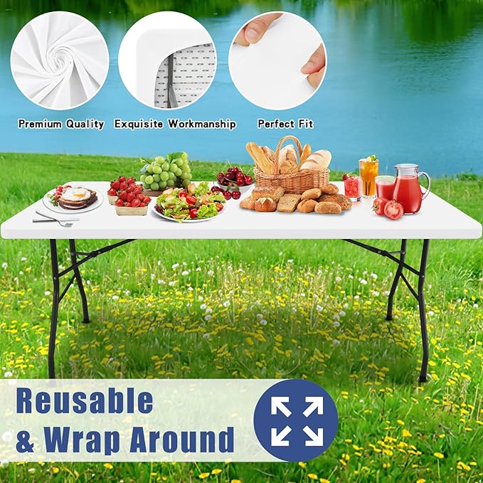 Spandex Picnic Table Cloth 2 Pack, Elastic Fitted Tablecloths for 5 Foot Rectangle Tables, Stretch Washable Patio Table Cover for Outdoor, Camping, Banquet and Parties (White, 30"x60")
