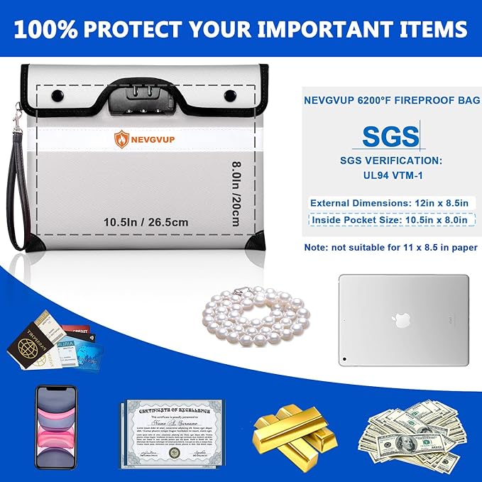 Upgraded 6200°F Fireproof Money Bag with Lock, Fireproof Bag w. Zipper/Reflective Strip, 9 Layers of Heat Insulated Material, Water Resistant Fire Proof Money Bag for Cash, Fire Bag for A5 documents