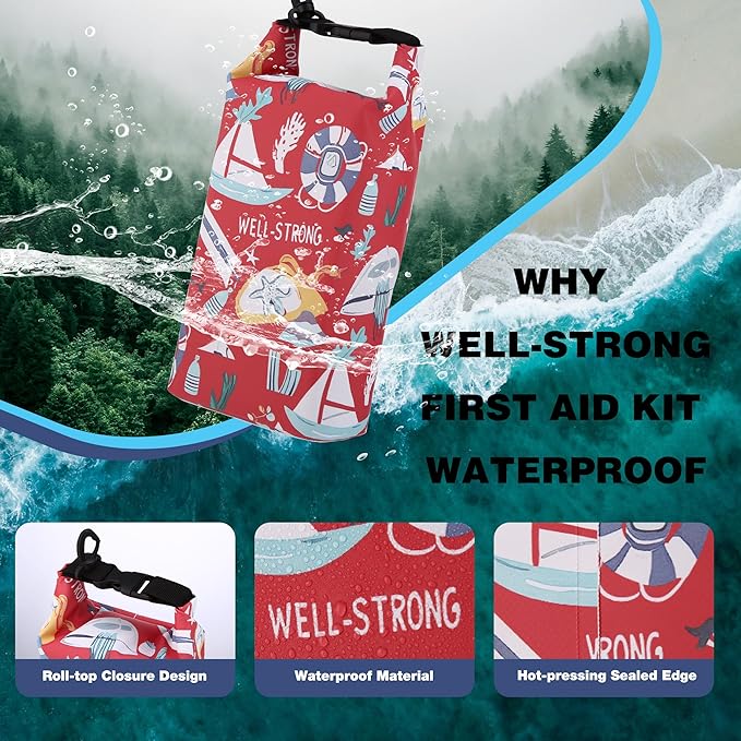 Boat First Aid kit, Roll Top Marine Tool Kit, Emergency Waterproof Kit for Fishing, Kayaking, Boating, Ponton, Beach, Swimming Red